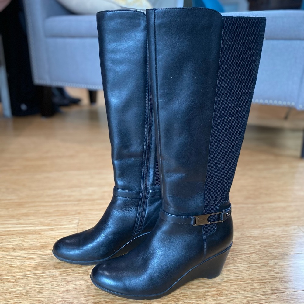 Blondo Lana Leather Waterproof Tall Wedge Riding boot with Stretch 8.5